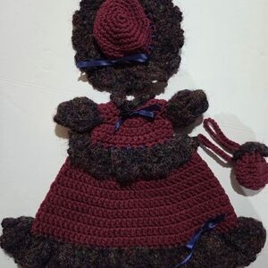 Handcrafted Crochet Doll with Burgundy Dress